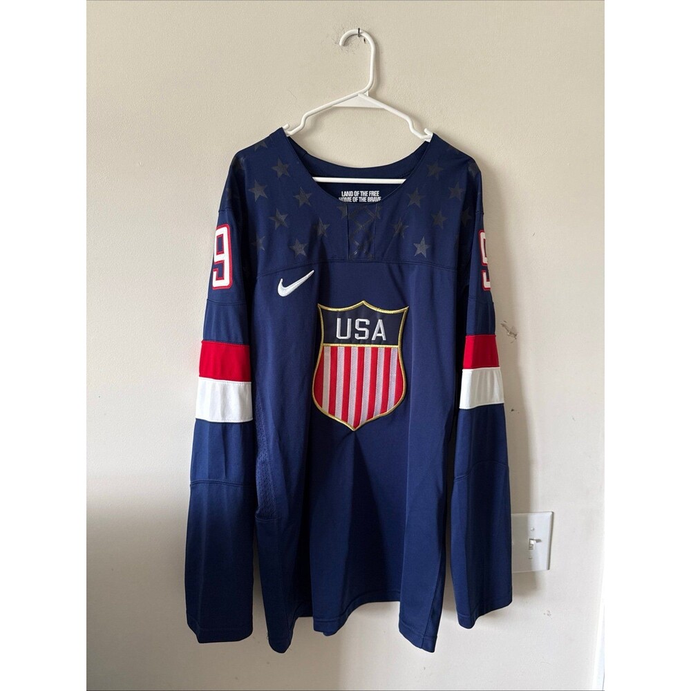 Men’s Nike Zach Parise #9 Team USA 2014 OLYMPICS HOCKEY JERSEY Sz L - Blue RARE